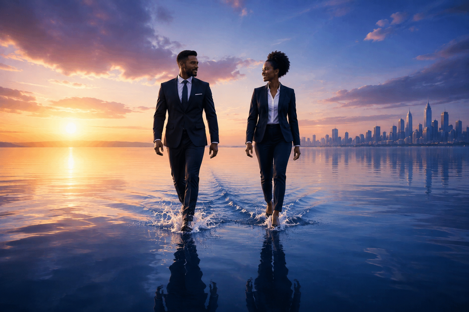 Two business people in suits walking on water at sunset, city skyline behind them