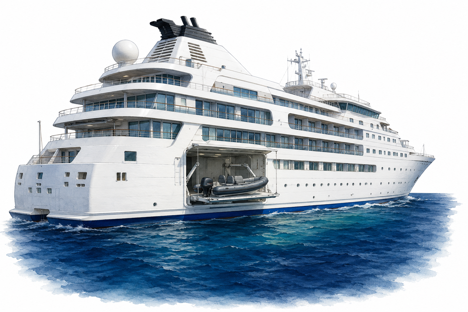 Cruise ship with tender bay open, a zodiac visible inside