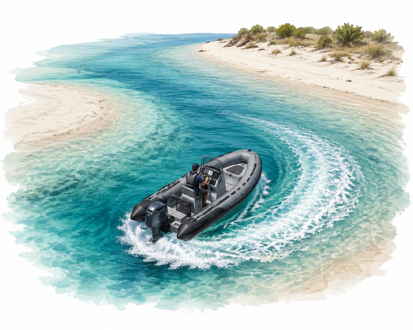 Zodiac making a tight turn in shallow coastal water